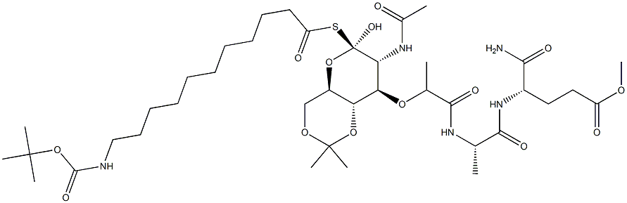 (4S)-4-[[N-[N-Acetyl-1-[[11-[[(tert-butoxy)carbonyl]amino]undecanoyl]thio]-4-O,6-O-isopropylidenemuramoyl]-L-alanyl]amino]-5-amino-5-oxopentanoic acid methyl ester Structure