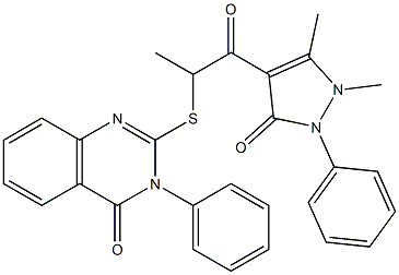3-Phenyl-2-[[1-[(1-phenyl-2,3-dimethyl-5-oxo-3-pyrazolin-4-yl)carbonyl]ethyl]thio]quinazolin-4(3H)-one Struktur