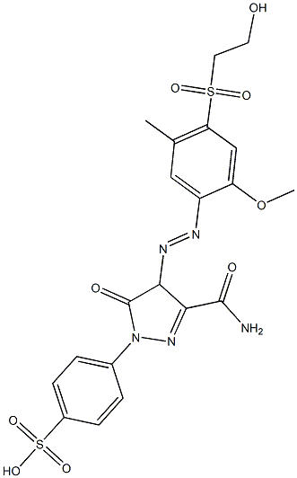 4-[3-カルバモイル-4-[4-(2-ヒドロキシエチルスルホニル)-2-メトキシ-5-メチルフェニルアゾ]-5-オキソ-2-ピラゾリン-1-イル]ベンゼンスルホン酸 化学構造式