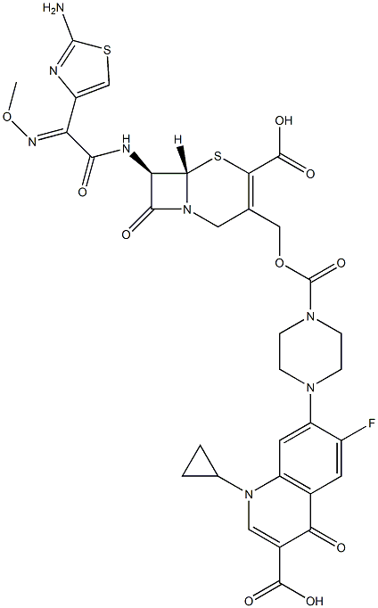(7R)-7-[[(2-Amino-4-thiazolyl)(methoxyimino)acetyl]amino]-3-[[4-[(1-cyclopropyl-6-fluoro-3-carboxy-1,4-dihydro-4-oxoquinolin)-7-yl]-1-piperazinylcarbonyloxy]methyl]cepham-3-ene-4-carboxylic acid 结构式