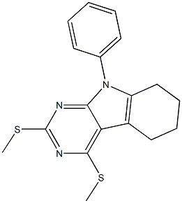 5,6,7,8-Tetrahydro-2,4-bis(methylthio)-9-phenyl-9H-pyrimido[4,5-b]indole,,结构式