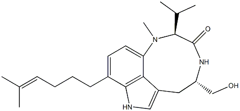 (2S,5S)-1,2,4,5,6,8-ヘキサヒドロ-9-(5-メチル-4-ヘキセニル)-5-ヒドロキシメチル-2-イソプロピル-1-メチル-3H-ピロロ[4,3,2-gh]-1,4-ベンゾジアゾニン-3-オン 化学構造式