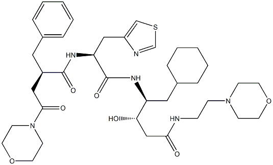 (3S,4S)-3-ヒドロキシ-5-シクロヘキシル-4-[[(2S)-3-(4-チアゾリル)-2-[[(2R)-2-[モルホリノカルボニルメチル]-3-フェニルプロピオニル]アミノ]プロピオニル]アミノ]-N-(2-モルホリノエチル)バレルアミド 化学構造式