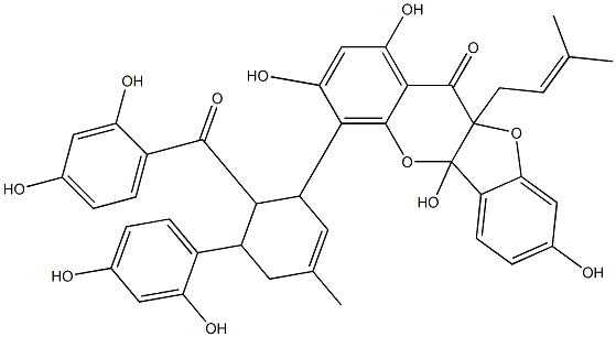 4-[6-(2,4-Dihydroxybenzoyl)-5-(2,4-dihydroxyphenyl)-3-methyl-2-cyclohexenyl]-5a,10a-dihydro-1,3,5a,8-tetrahydroxy-10a-(3-methyl-2-butenyl)-11H-benzofuro[3,2-b][1]benzopyran-11-one 结构式