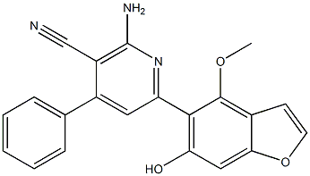4-メトキシ-5-(4-フェニル-5-シアノ-6-アミノ-2-ピリジニル)ベンゾフラン-6-オール 化学構造式