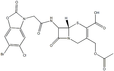 7-[[[(2,3-Dihydro-2-oxo-5-chloro-6-bromobenzoxazol)-3-yl]acetyl]amino]-3-(acetyloxymethyl)cepham-3-ene-4-carboxylic acid 结构式