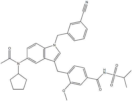 4-[5-(Cyclopentylacetylamino)-1-(3-cyanobenzyl)-1H-indol-3-ylmethyl]-3-methoxy-N-isopropylsulfonylbenzamide Struktur