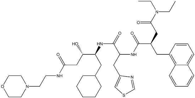 (3S,4S)-3-ヒドロキシ-5-シクロヘキシル-4-[3-(4-チアゾリル)-2-[[(2R)-2-[ジエチルアミノカルボニルメチル]-3-(1-ナフタレニル)プロピオニル]アミノ]プロピオニルアミノ]-N-(2-モルホリノエチル)バレルアミド 化学構造式