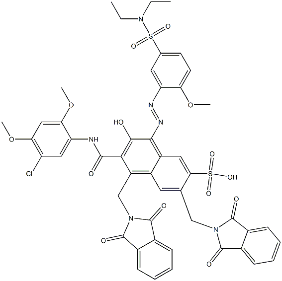 3-[(5-クロロ-2,4-ジメトキシフェニル)アミノカルボニル]-1-[5-[(ジエチルアミノ)スルホニル]-2-メトキシフェニルアゾ]-2-ヒドロキシ-4,6-ビス(フタルイミジルメチル)ナフタレン-7-スルホン酸 化学構造式