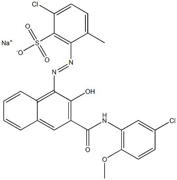 2-クロロ-5-メチル-6-[[3-[[(3-クロロ-6-メトキシフェニル)アミノ]カルボニル]-2-ヒドロキシ-1-ナフチル]アゾ]ベンゼンスルホン酸ナトリウム 化学構造式