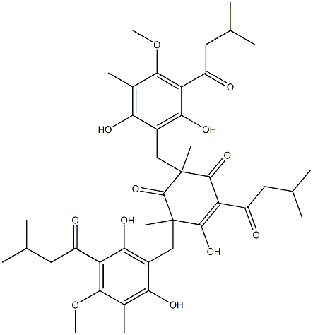 3,5-Bis[[2,6-dihydroxy-4-methoxy-3-methyl-5-(3-methylbutanoyl)phenyl]methyl]-2-hydroxy-3,5-dimethyl-1-(3-methylbutanoyl)-1-cyclohexene-4,6-dione,,结构式