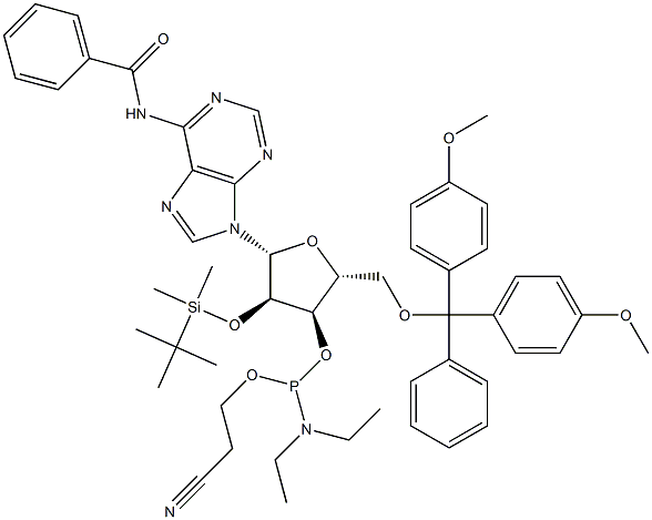 N-Benzoyl-5'-O-(4,4'-dimethoxytrityl)-2'-O-(tert-butyldimethylsilyl)adenosine 3'-[diethylaminophosphonous acid (2-cyanoethyl)] ester Structure