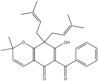 2,2-Dimethyl-8,8-bis(3-methyl-2-butenyl)-6-benzoyl-2,8-dihydro-7-hydroxy-5H-1-benzopyran-5-one Structure