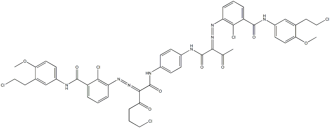 3,3'-[2-(2-クロロエチル)-1,4-フェニレンビス[イミノカルボニル(アセチルメチレン)アゾ]]ビス[N-[3-(2-クロロエチル)-4-メトキシフェニル]-2-クロロベンズアミド] 化学構造式