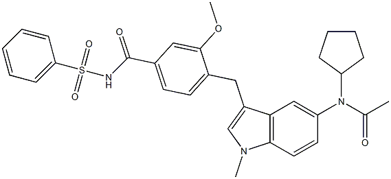 4-[5-(Cyclopentylacetylamino)-1-methyl-1H-indol-3-ylmethyl]-3-methoxy-N-(phenylsulfonyl)benzamide 结构式