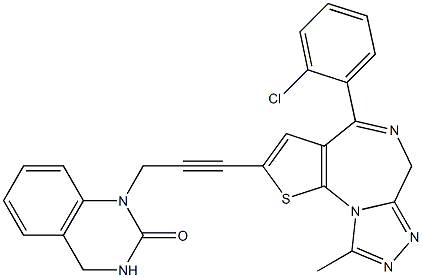 4-(2-クロロフェニル)-9-メチル-2-[3-[(1,2,3,4-テトラヒドロ-2-オキソキナゾリン)-1-イル]-1-プロピニル]-6H-チエノ[3,2-f][1,2,4]トリアゾロ[4,3-a][1,4]ジアゼピン 化学構造式