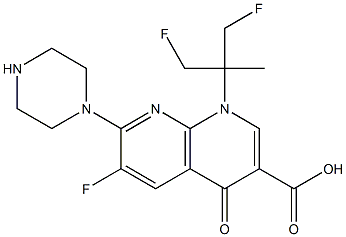 6-Fluoro-1-(2-fluoro-1-fluoromethyl-1-methylethyl)-7-(1-piperazinyl)-1,4-dihydro-4-oxo-1,8-naphthyridine-3-carboxylic acid 结构式