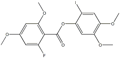 2-フルオロ-4,6-ジメトキシ安息香酸2-ヨード-4,5-ジメトキシフェニル 化学構造式