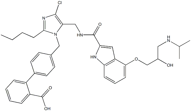 4'-[[2-Butyl-4-chloro-5-[[[4-[2-hydroxy-3-(isopropylamino)propyloxy]-1H-indol-2-yl]carbonylamino]methyl]-1H-imidazol-1-yl]methyl]-1,1'-biphenyl-2-carboxylic acid Structure