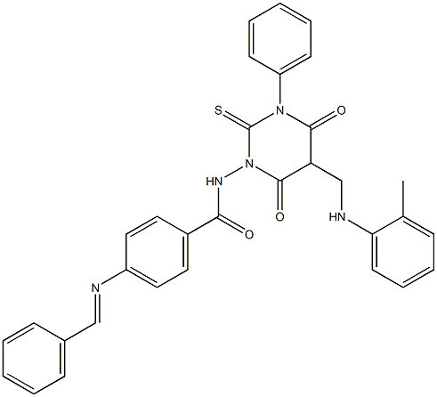 4-(Benzylideneamino)-N-[[hexahydro-4,6-dioxo-2-thioxo-3-(phenyl)-5-(2-methylphenylaminomethyl)pyrimidin]-1-yl]benzamide,,结构式