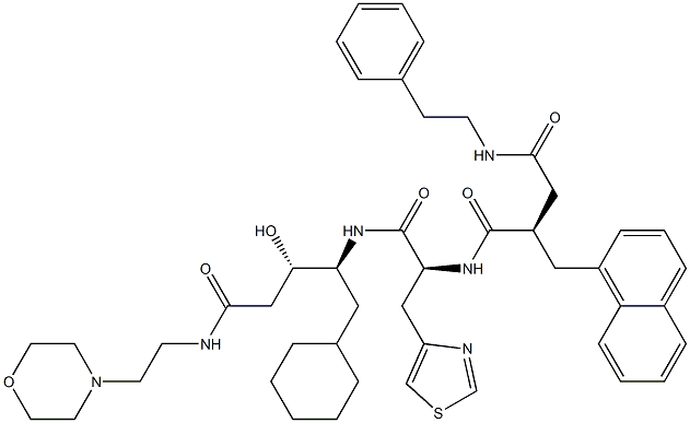 (3S,4S)-3-ヒドロキシ-5-シクロヘキシル-4-[[(2S)-3-(4-チアゾリル)-2-[[(2R)-2-[N-(2-フェニルエチル)アミノカルボニルメチル]-3-(1-ナフタレニル)プロピオニル]アミノ]プロピオニル]アミノ]-N-(2-モルホリノエチル)バレルアミド 化学構造式