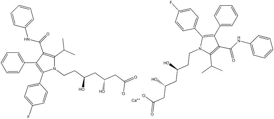 ((3R,5S)-7-(2-(4-fluorophenyl)-5-isopropyl-3-phenyl-4-(phenyl
carbamoyl)-1H-pyrrol-1-yl)-3,5-dihydroxyheptanoate)calcium(II)
 Structure