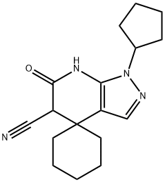 1'-cyclopentyl-6'-oxo-1',5',6',7'-tetrahydrospiro[cyclohexane-1,4'-pyrazolo[3,4-b]pyridine]-5'-carbonitrile 化学構造式