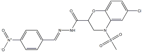 6-chloro-4-(methylsulfonyl)-N'-[(4-nitrophenyl)methylene]-3,4-dihydro-2H-1,4-benzoxazine-2-carbohydrazide Struktur