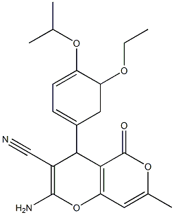 2-amino-4-(5-ethoxy-4-isopropoxy-1,3-cyclohexadienyl)-7-methyl-5-oxo-4H,5H-pyrano[4,3-b]pyran-3-carbonitrile Struktur