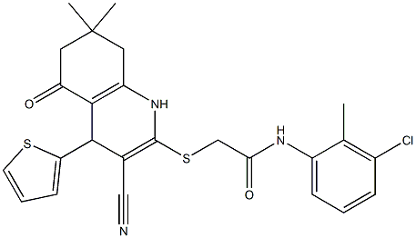 N-(3-chloro-2-methylphenyl)-2-{[3-cyano-7,7-dimethyl-5-oxo-4-(2-thienyl)-1,4,5,6,7,8-hexahydro-2-quinolinyl]sulfanyl}acetamide,,结构式