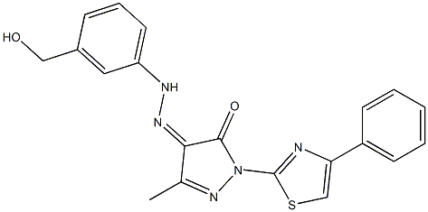 3-methyl-1-(4-phenyl-1,3-thiazol-2-yl)-1H-pyrazole-4,5-dione 4-{N-[3-(hydroxymethyl)phenyl]hydrazone} Struktur