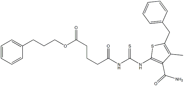 3-phenylpropyl 5-[({[3-(aminocarbonyl)-5-benzyl-4-methyl-2-thienyl]amino}carbothioyl)amino]-5-oxopentanoate Struktur