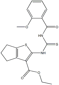 ethyl 2-({[(2-methoxybenzoyl)amino]carbothioyl}amino)-5,6-dihydro-4H-cyclopenta[b]thiophene-3-carboxylate 化学構造式