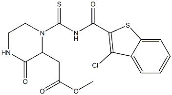 methyl 2-[1-({[(3-chloro-1-benzothiophen-2-yl)carbonyl]amino}carbothioyl)-3-oxo-2-piperazinyl]acetate Structure