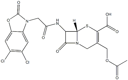 7-[[[(2,3-ジヒドロ-2-オキソ-5,6-ジクロロベンゾオキサゾール)-3-イル]アセチル]アミノ]-3-(アセチルオキシメチル)セファム-3-エン-4-カルボン酸 化学構造式