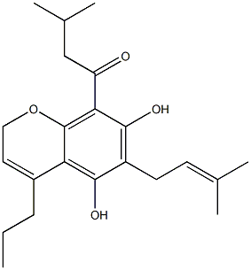 5,7-ジヒドロキシ-6-(3-メチル-2-ブテニル)-8-(3-メチル-1-オキソブチル)-4-プロピル-2H-1-ベンゾピラン 化学構造式