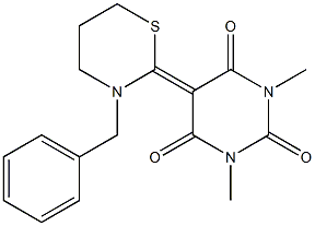 1,3-Dimethyl-5-[(tetrahydro-3-benzyl-2H-1,3-thiazin)-2-ylidene]pyrimidine-2,4,6(1H,3H,5H)-trione,,结构式