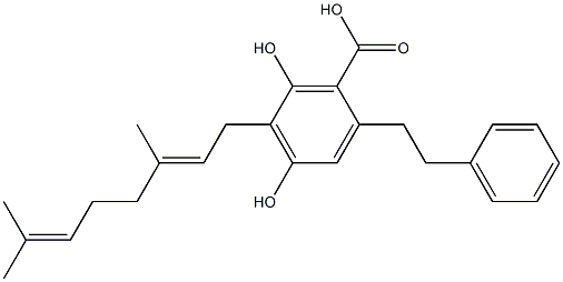 2,4-ジヒドロキシ-3-[(2E)-3,7-ジメチル-2,6-オクタジエニル]-6-(2-フェニルエチル)安息香酸 化学構造式