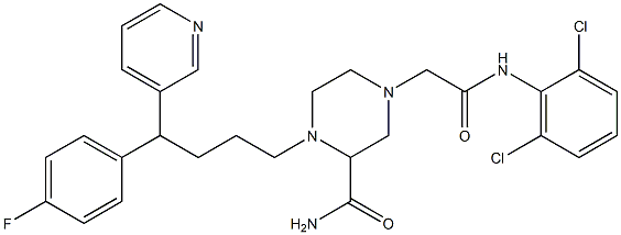 N-(2,6-Dichlorophenyl)-3-(aminocarbonyl)-4-[4-(4-fluorophenyl)-4-(pyridin-3-yl)butyl]piperazine-1-acetamide Struktur