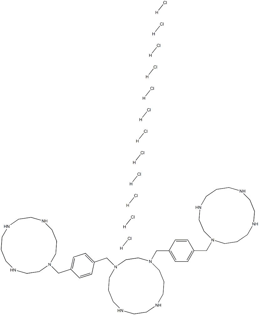 1,4-bis(4-((1,4,8,11-tetraazacyclotetradecan-1-yl)methyl)benzyl)- 1,4,8,11-tetraazacyclotetradecane dodecahydrochloride 化学構造式