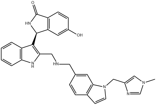 (S)-5-hydroxy-3-(2-(((1-((1-methyl-1H-imidazol-4-yl)methyl)-1H-indol-6-yl)methylamino)methyl)-1H-indol-3-yl)isoindolin-1-one, 2375482-51-0, 结构式