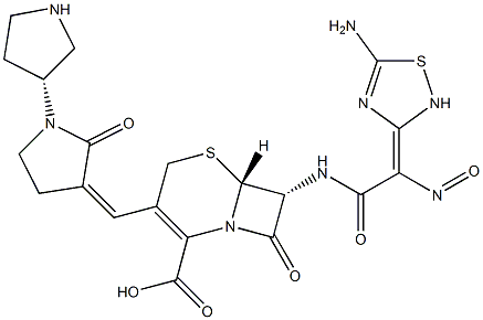 (6R,7R)-7-[[(2Z)-2-(5-amino-1,2,4-thiadiazol-3-ylidene)-2-nitroso-acetyl]amino]-8-oxo-3-[(E)-[2-oxo-1-[(3R)-pyrrolidin-3-yl]pyrrolidin-3-ylidene]methyl]-5-thia-1-azabicyclo[4.2.0]oct-2-ene-2-carboxylic acid Structure