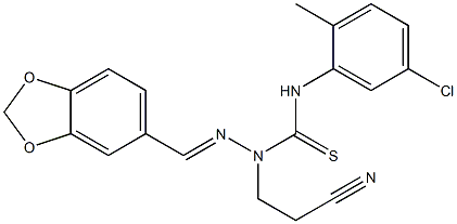 N1-(5-chloro-2-methylphenyl)-2-(1,3-benzodioxol-5-ylmethylidene)-1-(2-cyanoethyl)hydrazine-1-carbothioamide,,结构式