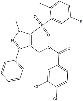 {5-[(5-fluoro-2-methylphenyl)sulfonyl]-1-methyl-3-phenyl-1H-pyrazol-4-yl}methyl 3,4-dichlorobenzenecarboxylate Structure