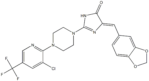 5-(1,3-benzodioxol-5-ylmethylene)-2-{4-[3-chloro-5-(trifluoromethyl)-2-pyridinyl]piperazino}-3,5-dihydro-4H-imidazol-4-one 结构式