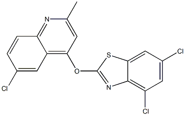 4,6-dichloro-2-[(6-chloro-2-methyl-4-quinolyl)oxy]-1,3-benzothiazole,,结构式