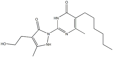 5-hexyl-2-[4-(2-hydroxyethyl)-3-methyl-5-oxo-2,5-dihydro-1H-pyrazol-1-yl]-6-methyl-4(3H)-pyrimidinone 化学構造式