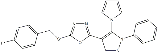 4-fluorobenzyl 5-[1-phenyl-5-(1H-pyrrol-1-yl)-1H-pyrazol-4-yl]-1,3,4-oxadiazol-2-yl sulfide Structure
