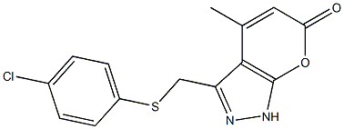 3-{[(4-chlorophenyl)thio]methyl}-4-methyl-1,6-dihydropyrano[2,3-c]pyrazol-6-one 化学構造式