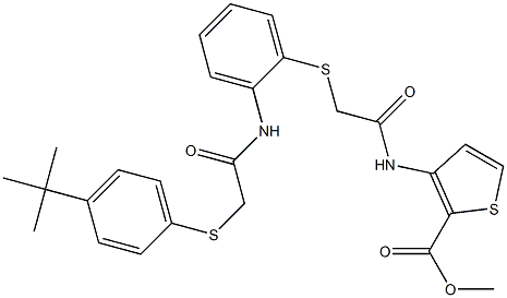 methyl 3-{[2-({2-[(2-{[4-(tert-butyl)phenyl]sulfanyl}acetyl)amino]phenyl}sulfanyl)acetyl]amino}-2-thiophenecarboxylate Structure